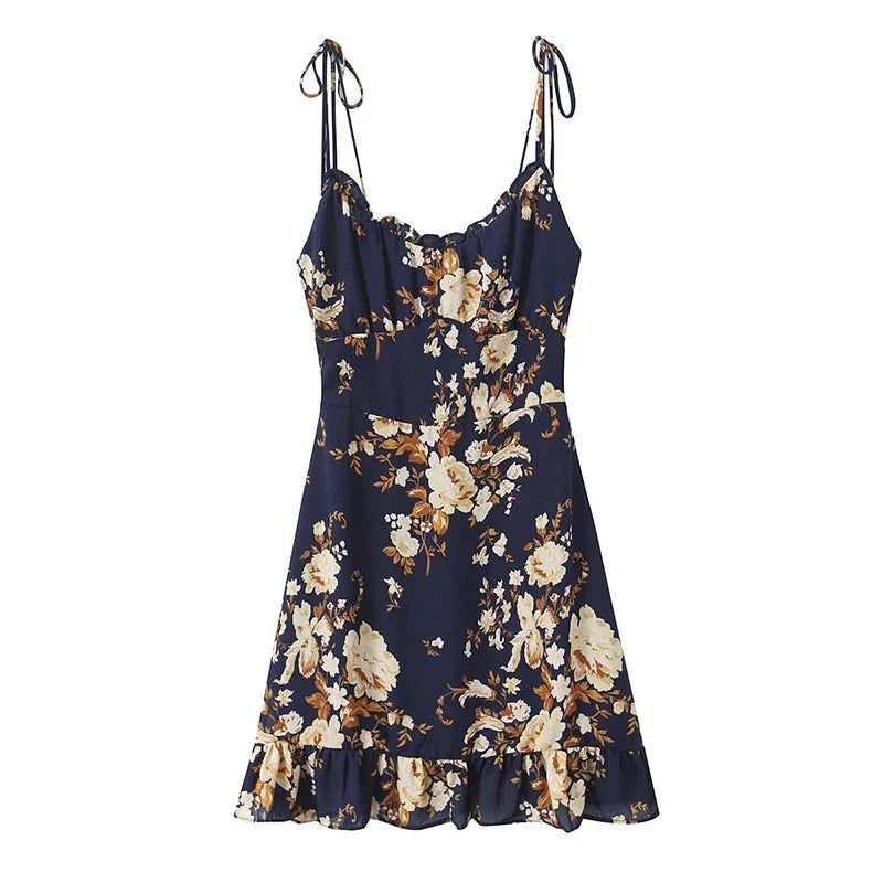 French Vacation-style Floral Print Slim Fit Sling Dresses