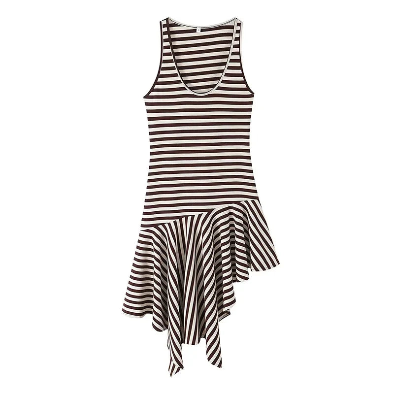 Round Neck Sleeveless Striped Asymmetric Midi Knit Dresses