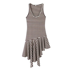 Round Neck Sleeveless Striped Asymmetric Midi Knit Dresses