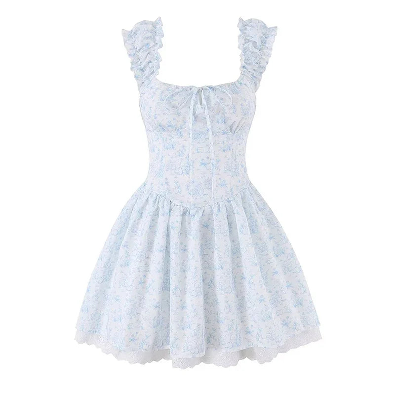 Lace Patchwork Floral Print Fairy Corset Mini Dresses