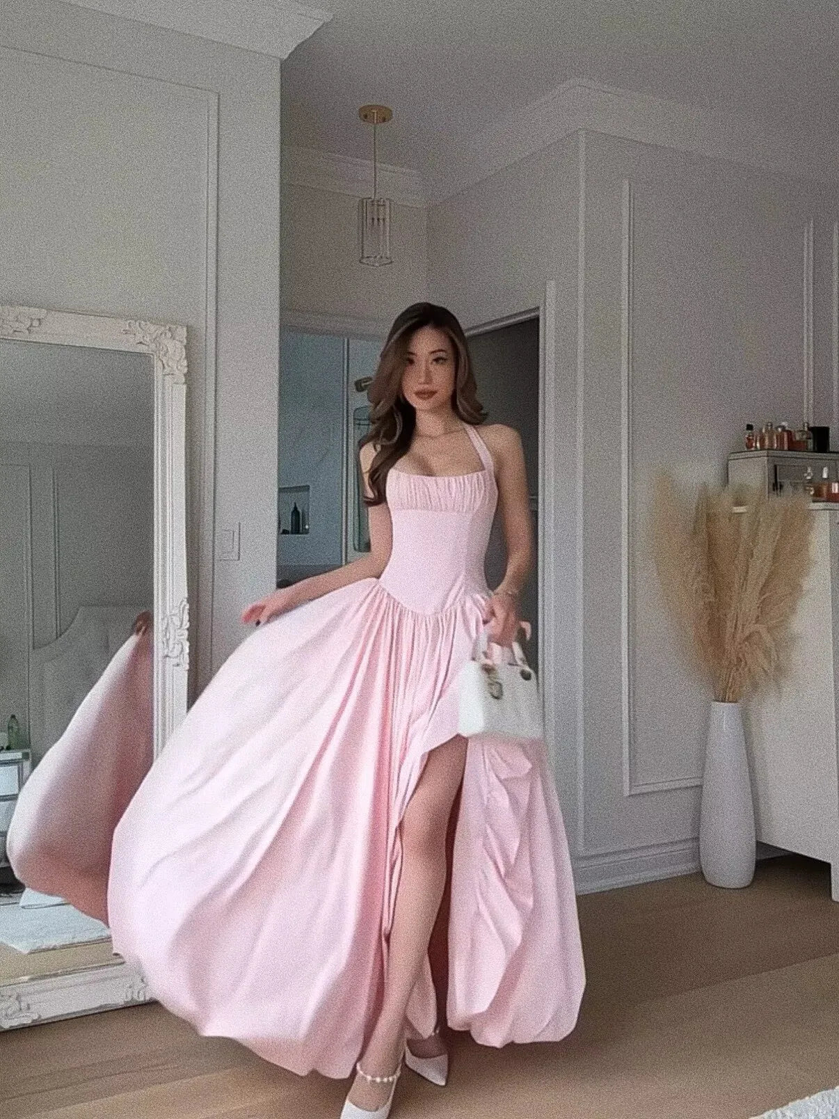 High Quality Elegant Pink White Halter Princess Dresses