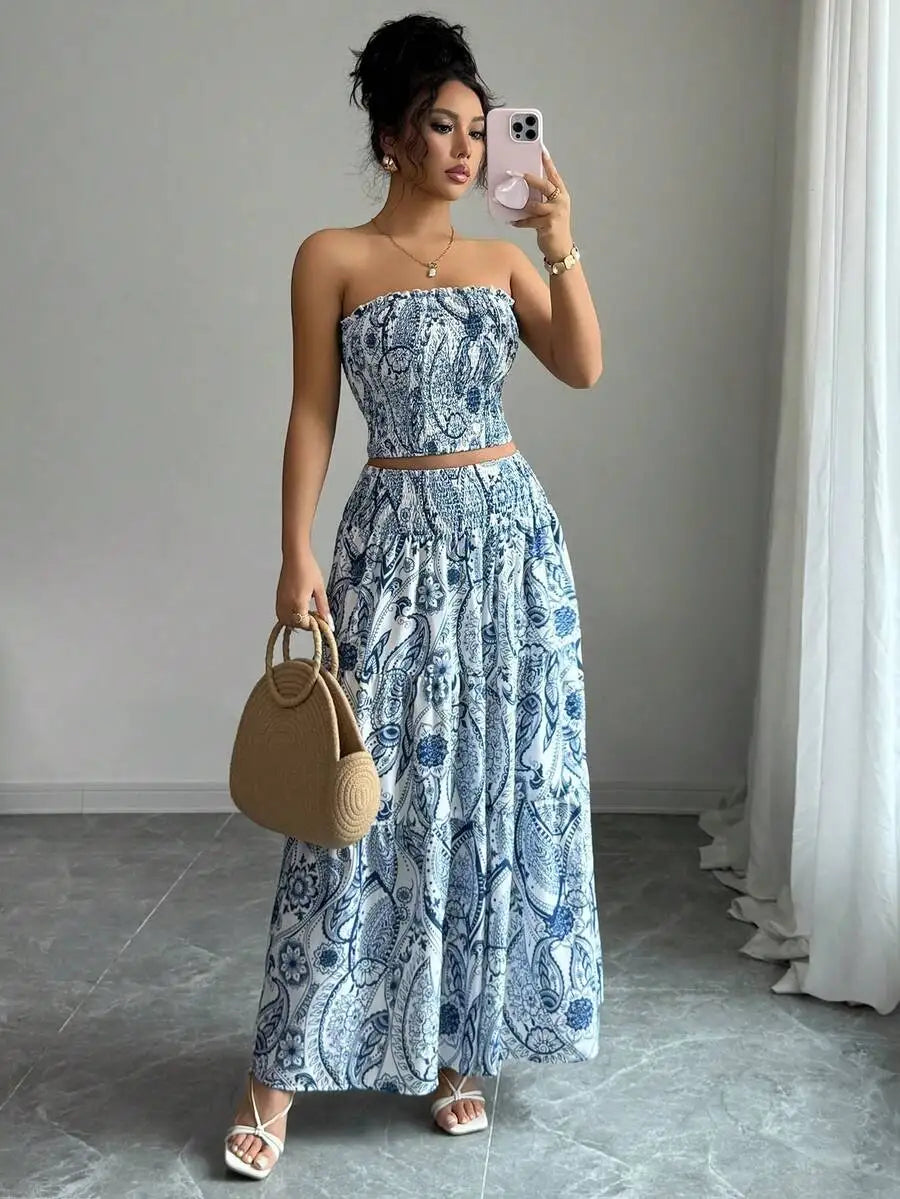 All-Over Print Strapless Casual Elegant Beach Wedding 2 Pieces Set (Top And Skirt) Summer