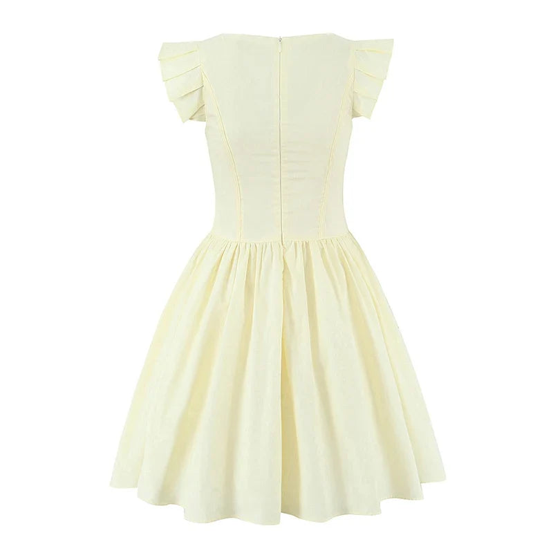 Floral Embroidery White Yellow Mini Dresses