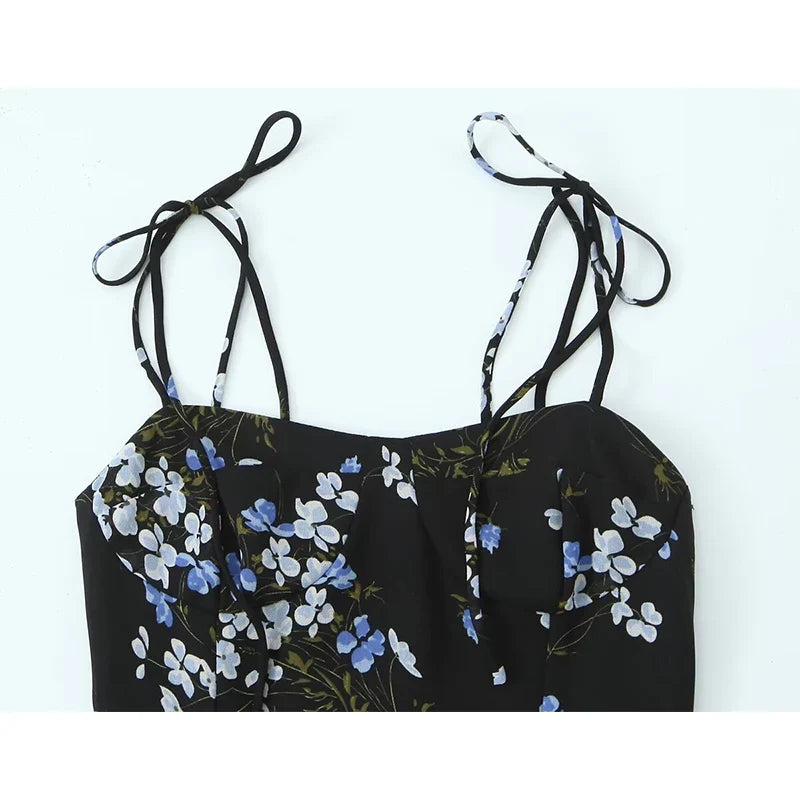 Summer French Style Retro Floral Print Sling Dresses Sexy Hem Slit High Waist A-line Midi Dresses