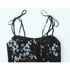 Summer French Style Retro Floral Print Sling Dresses Sexy Hem Slit High Waist A-line Midi Dresses