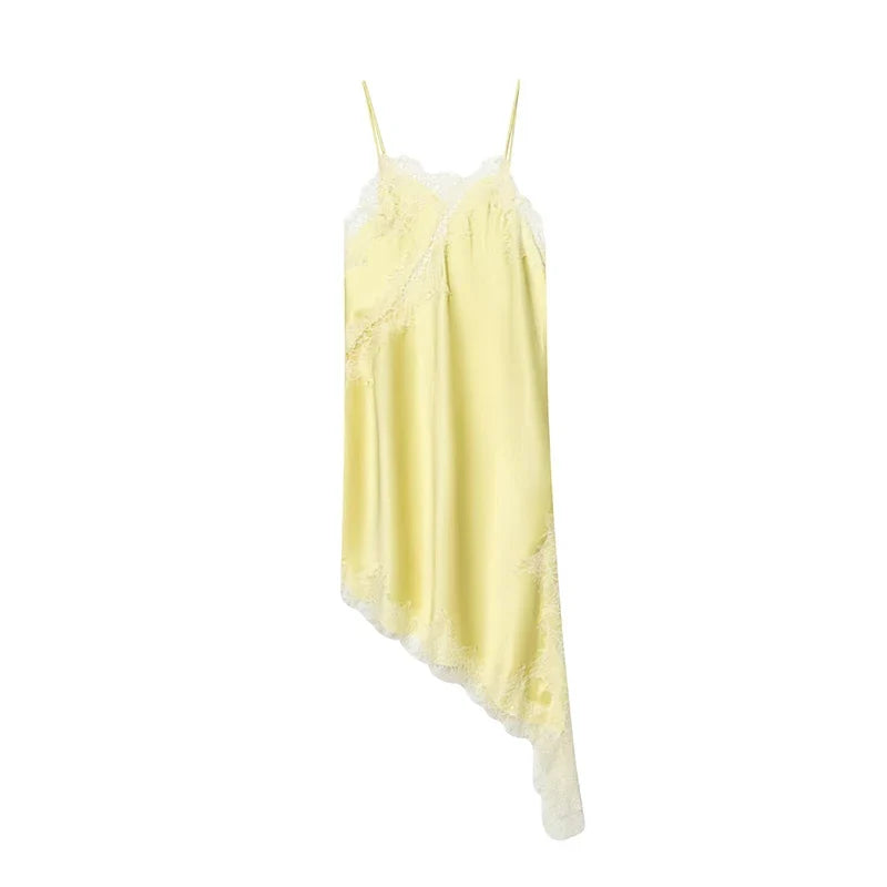 Lace Patchwork Asymmetric Sling Sexy Dresses Yellow Vestidos