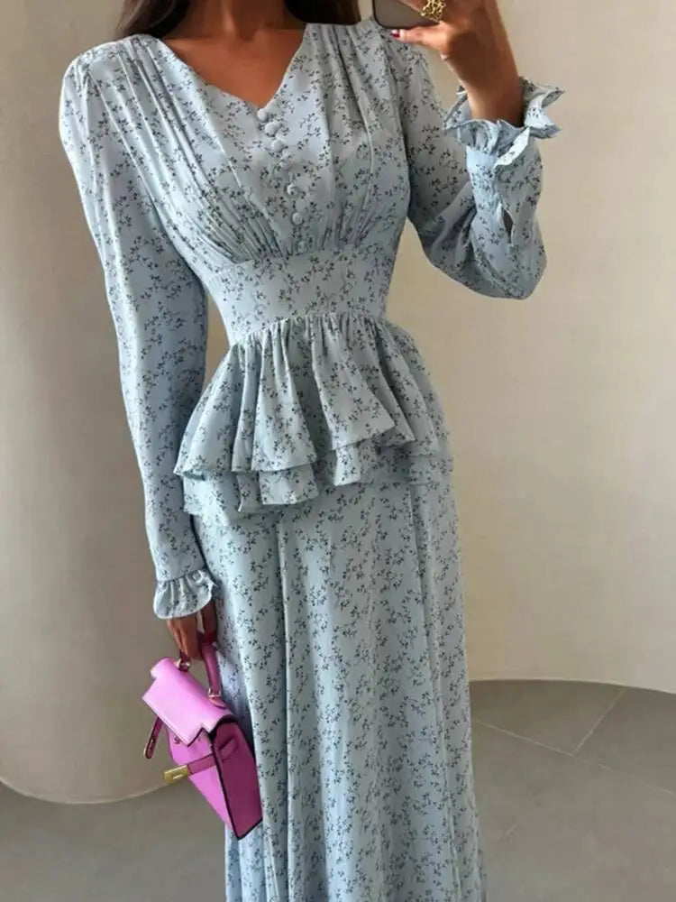 Fashionable V-neck Long Sleeved Waist Cinched Ruffle A-line Dresses