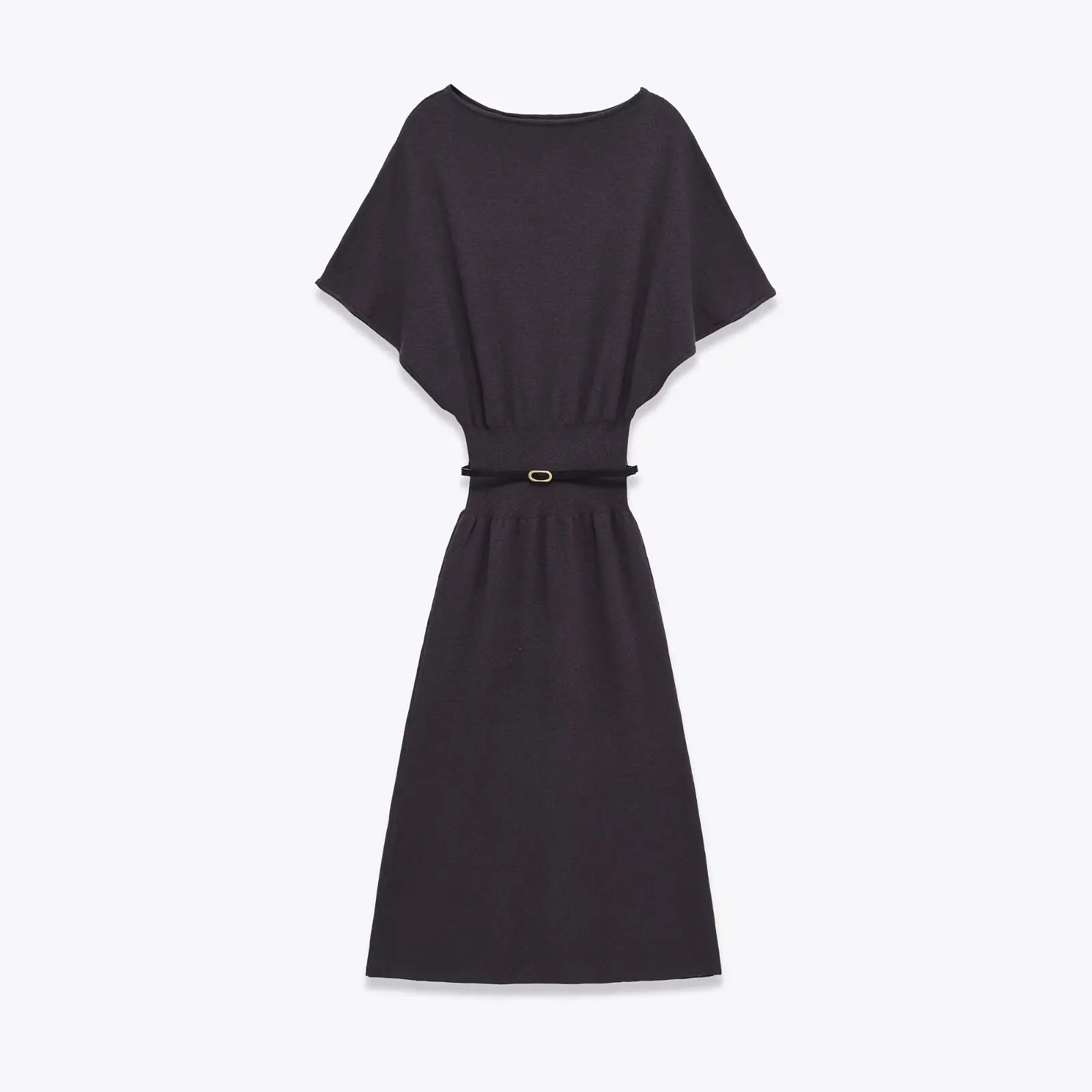 Dark Gray With Belt Knit Long Dresses For Short Sleeve Elastic Waist Elegant Casual Dresses