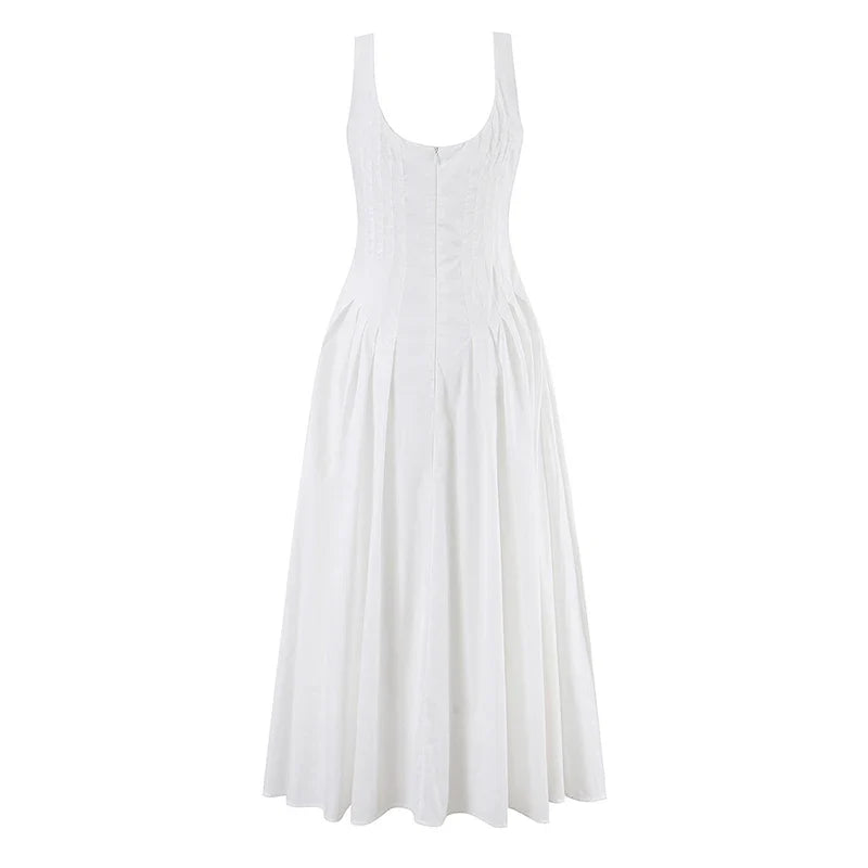 French Summer Sleeveless White Midi Dresses