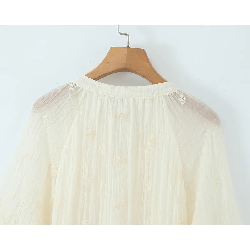 Spring Summer Floral Embroidery Loose Short Dresses Long Sleeve Casual Holiday Dresses