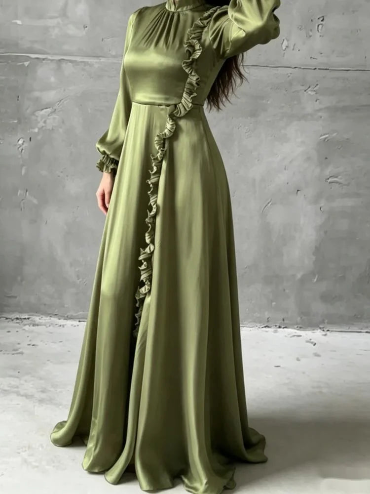 Temperament Lantern Sleeve Fungus Edge Patchwork Dresses