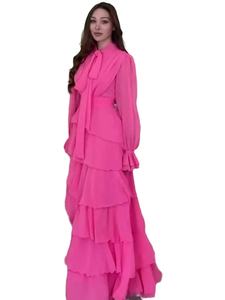 Autumn Summer Ruffle Trimmed Sweet Style Chiffon Design Half High Collar Long Dresses Female Party Clothes