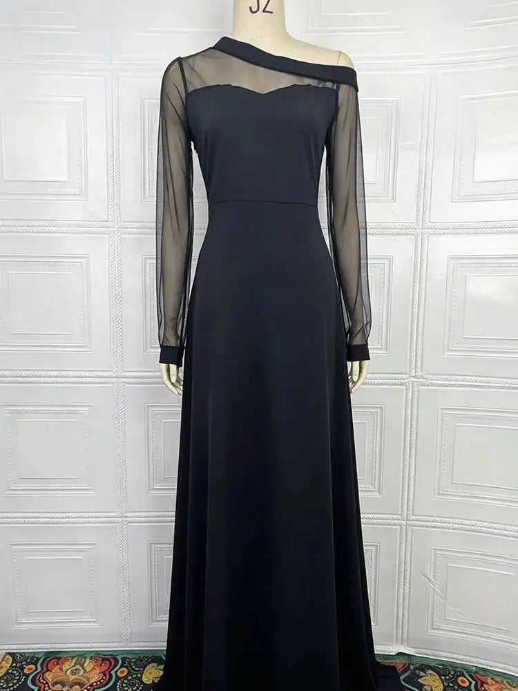 Elegant Diagonal Collar Long Sleeved Mesh Patchwork Dresses