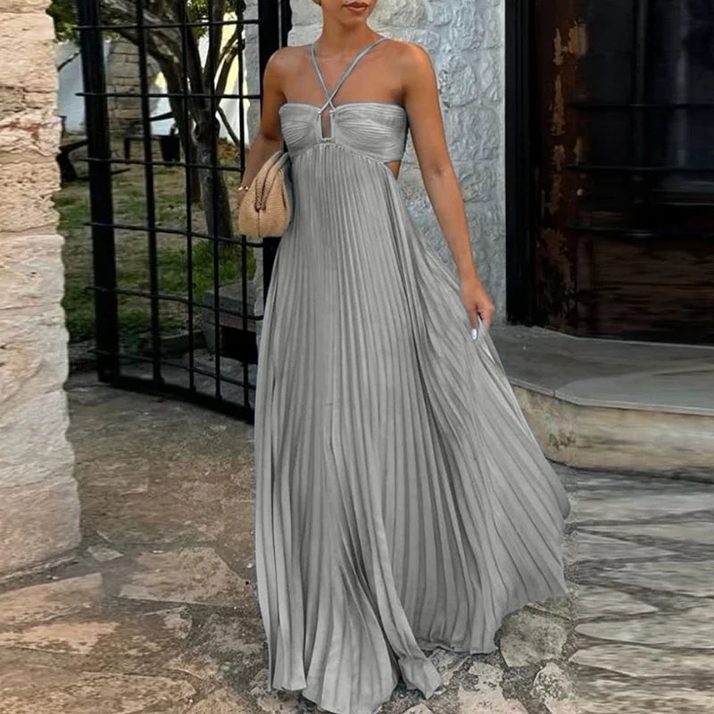 Blue High Waist Pleats Robe Dresses