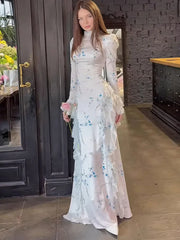 Temperament Print High Neck Flared Sleeve Waist Slimming Dresses