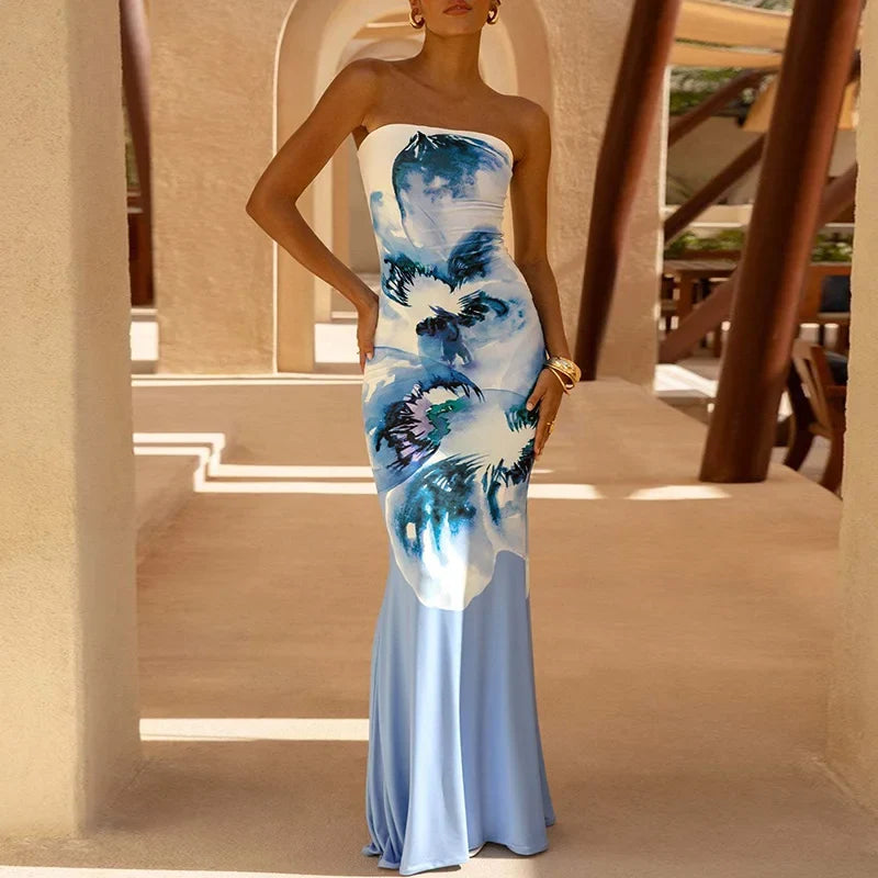 Sexy Tube Top Floral Printed One-piece Robes Summer Casual Off Shoulder Sleeveless Party Dresses