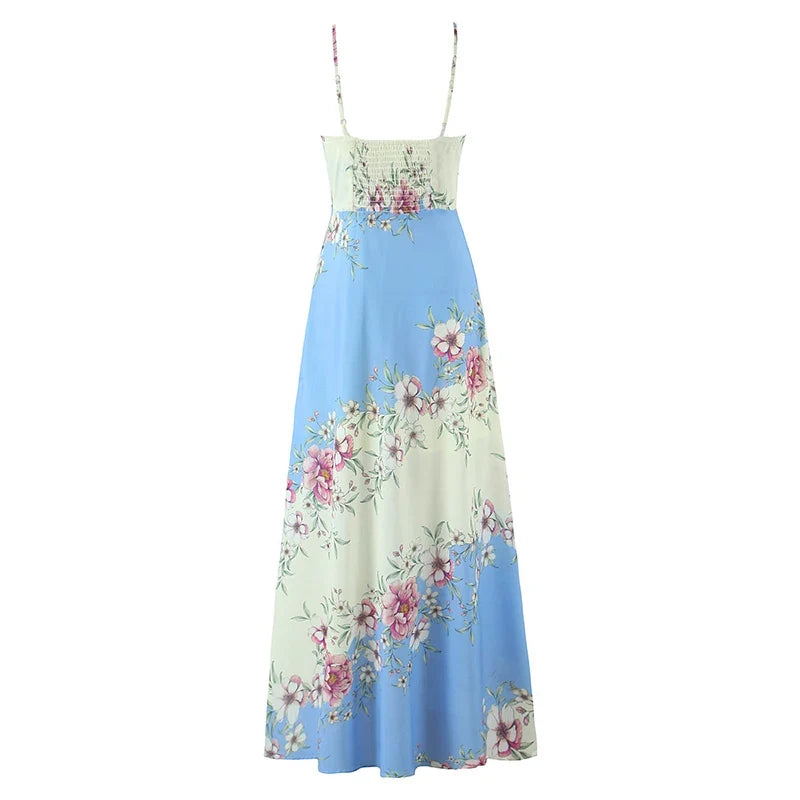 Sexy Spaghetti Straps Floral Print Long Holiday Dresses