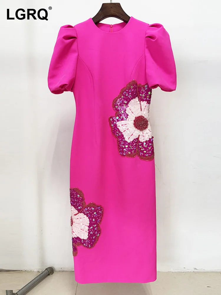 summer clothing round neck short sleeves embroidery pullover slim mid calf Dresses