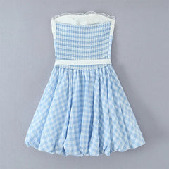 ï»?French Style Sexy Sweet Bow Patchwork Plaid Strapless Mini Dresses