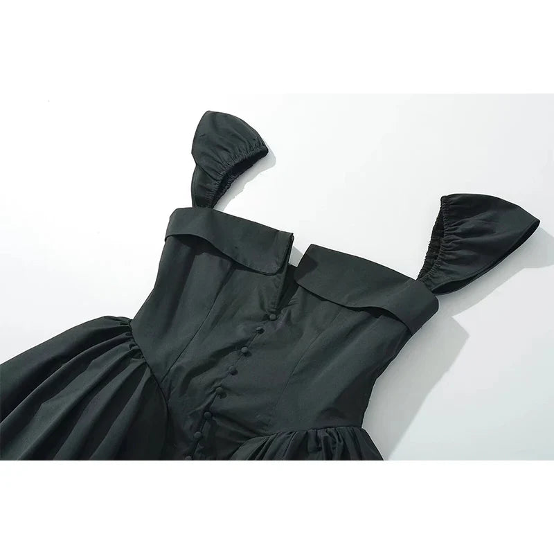 Sexy Front Slit Button Chic Fit Slim Black Mini Dresses Cape Short Sleeve Low Waist Elegant Evening Party Dresses
