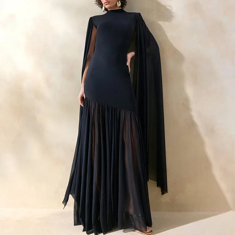 Patchwork Slim Fit Party Dresses Spring Summer O-neck Shawl Sleeve Dresses