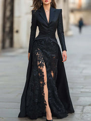 Lace Patchwork Slim Fit Party Suit Elegant Solid Formal Occasion Outfit Autumn Lapel Button Top and Skirt Two Piece Set