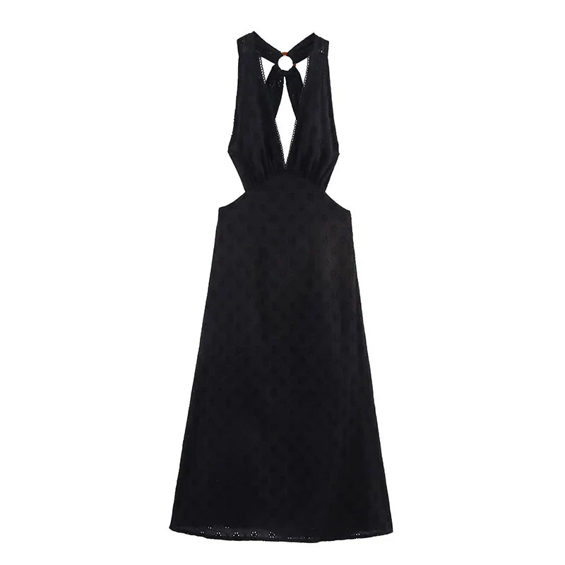 Summer Black Hollow Out Embroidery Halter Cutout Maxi Dresses