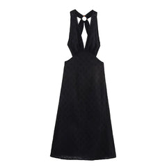 Summer Black Hollow Out Embroidery Halter Cutout Maxi Dresses