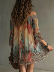 Casual Off Shoulder Long Sleeved Dresses Lace Patchwork Chiffon Mini Dresses