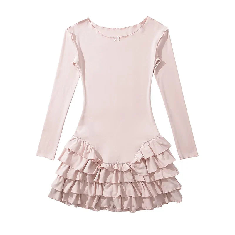 Y2k Long Sleeve O Neck Ruffle Dresses Spring Basics Vestidos Mujer Spicy Girl Style Sexy Mini Dress
