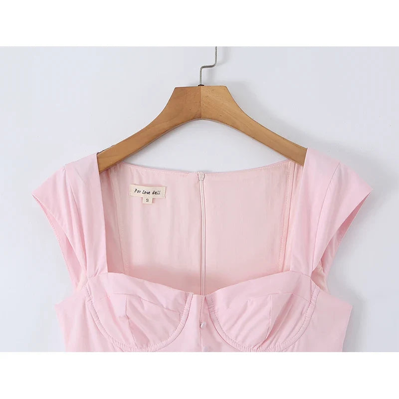 French Sweet Pink Corset Midi Dresses