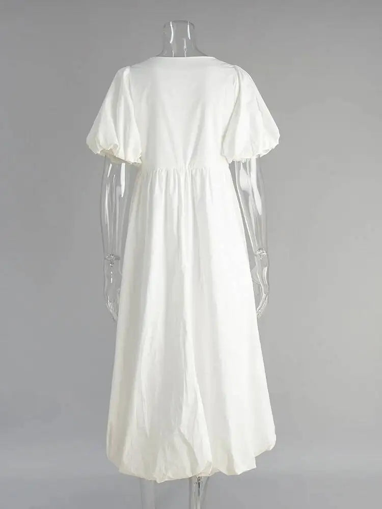 Simple Casual Round Neck Bubble Sleeve Pleated Dresses