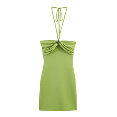 Green Halter Ruched Bodycon Mini Knit Dresses