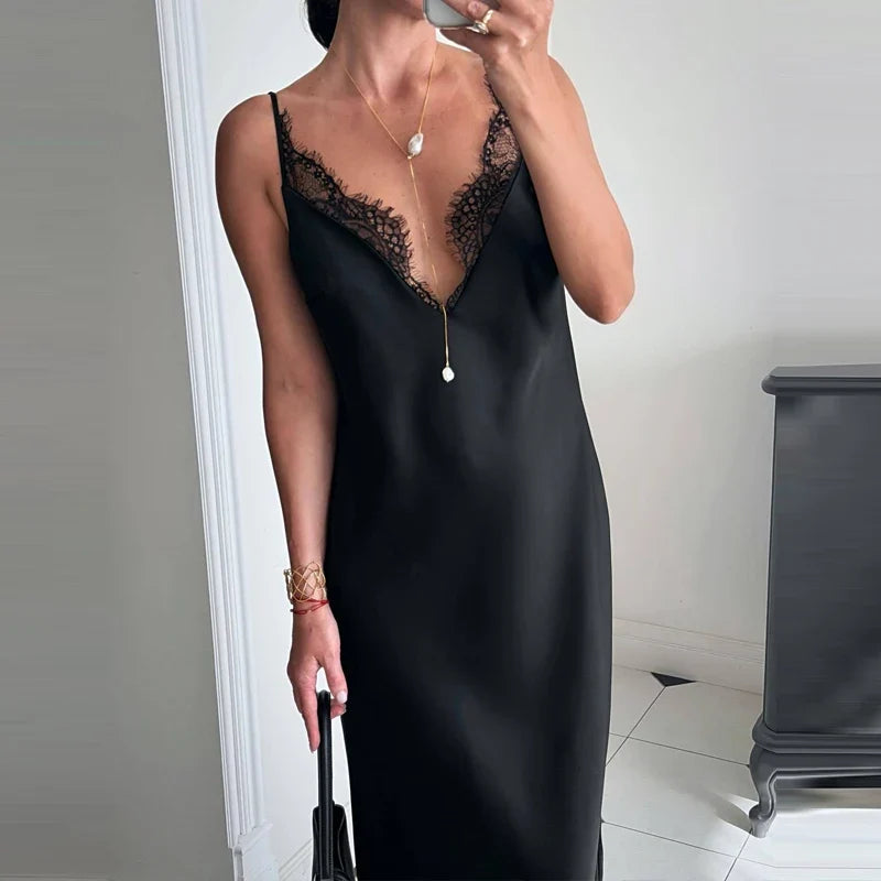 V-neck Lace Spliced Satin Maxi Dresses