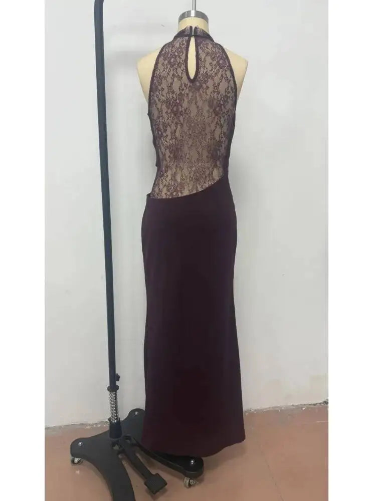 Elegant Halter Neck Sleeveless Lace Spliced Slim Fit Dresses