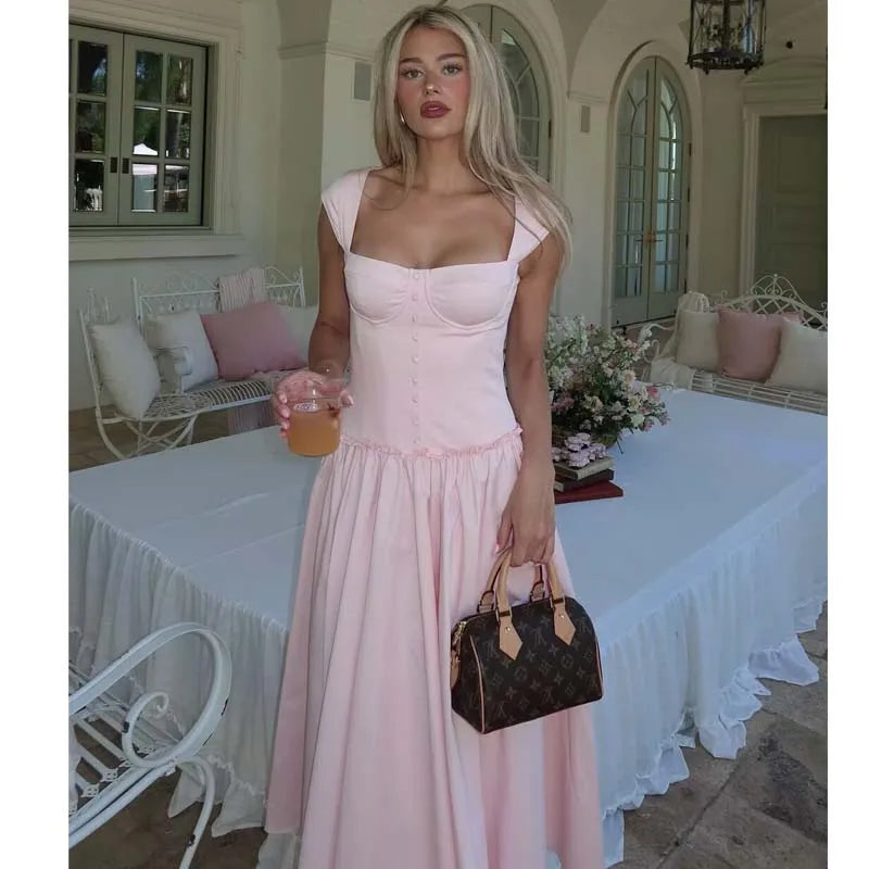 French Sweet Pink Corset Midi Dresses