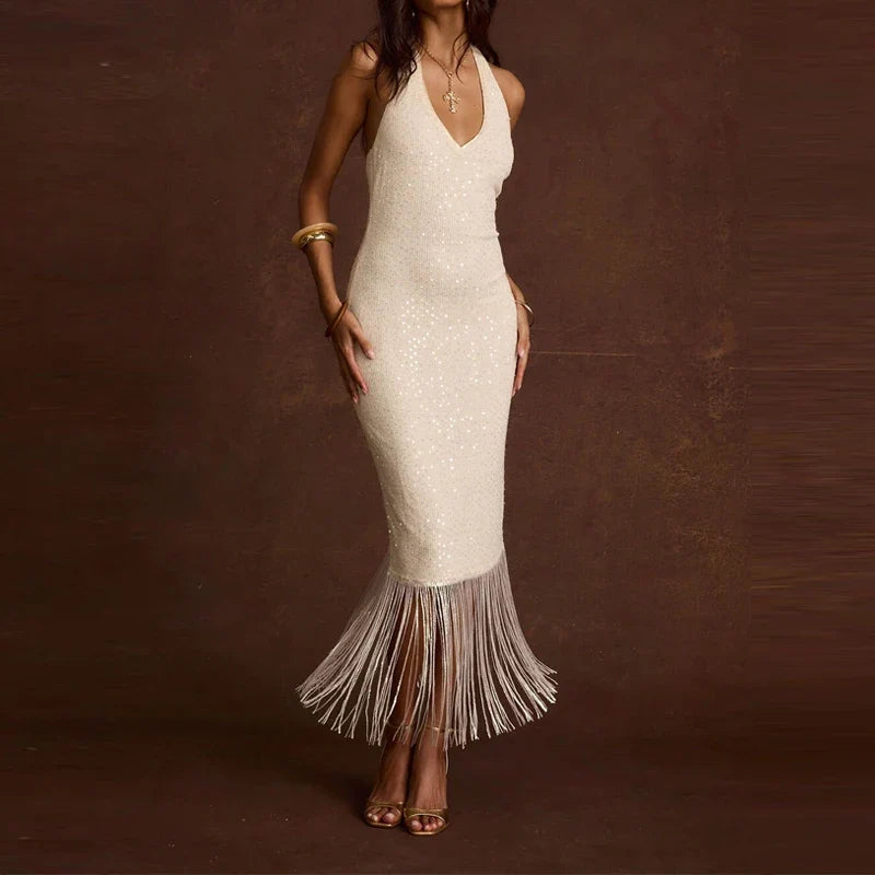 Cocktail Party Deep V Neck Backless Fringe Dresses