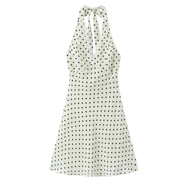Sexy Backless Halter Mini Polka Dot Dresses Lace Trim High Waist A-line Slim Casual Summer Beach Party Dress