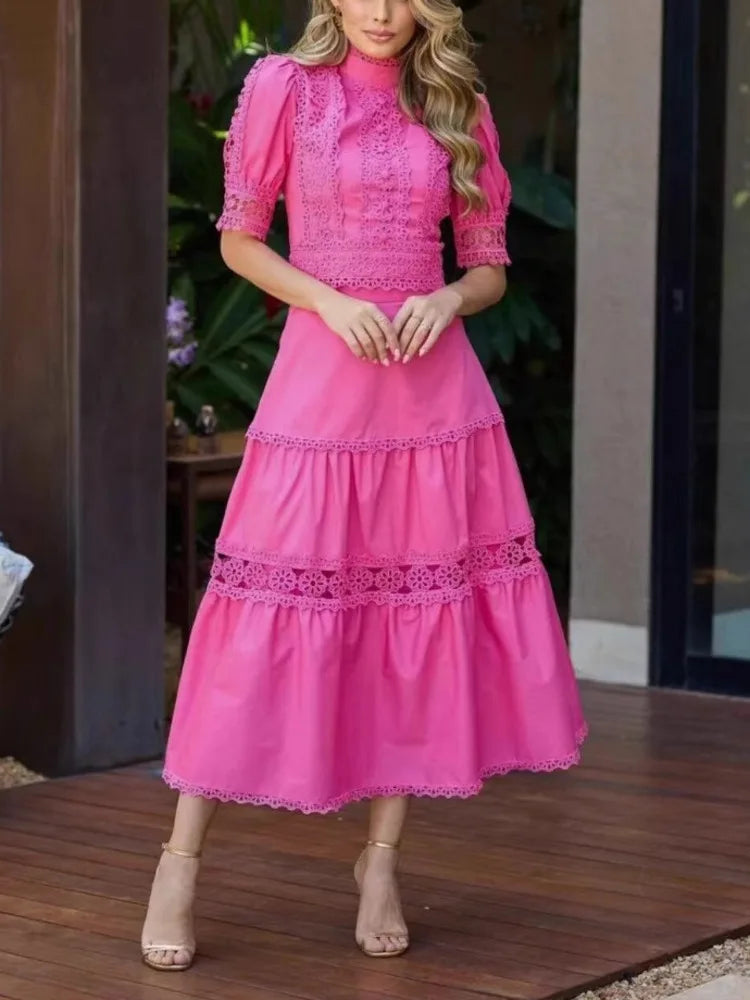 turtleneck short sleeves lace patchwork hollow out slim high waist A-line pullover Dresses