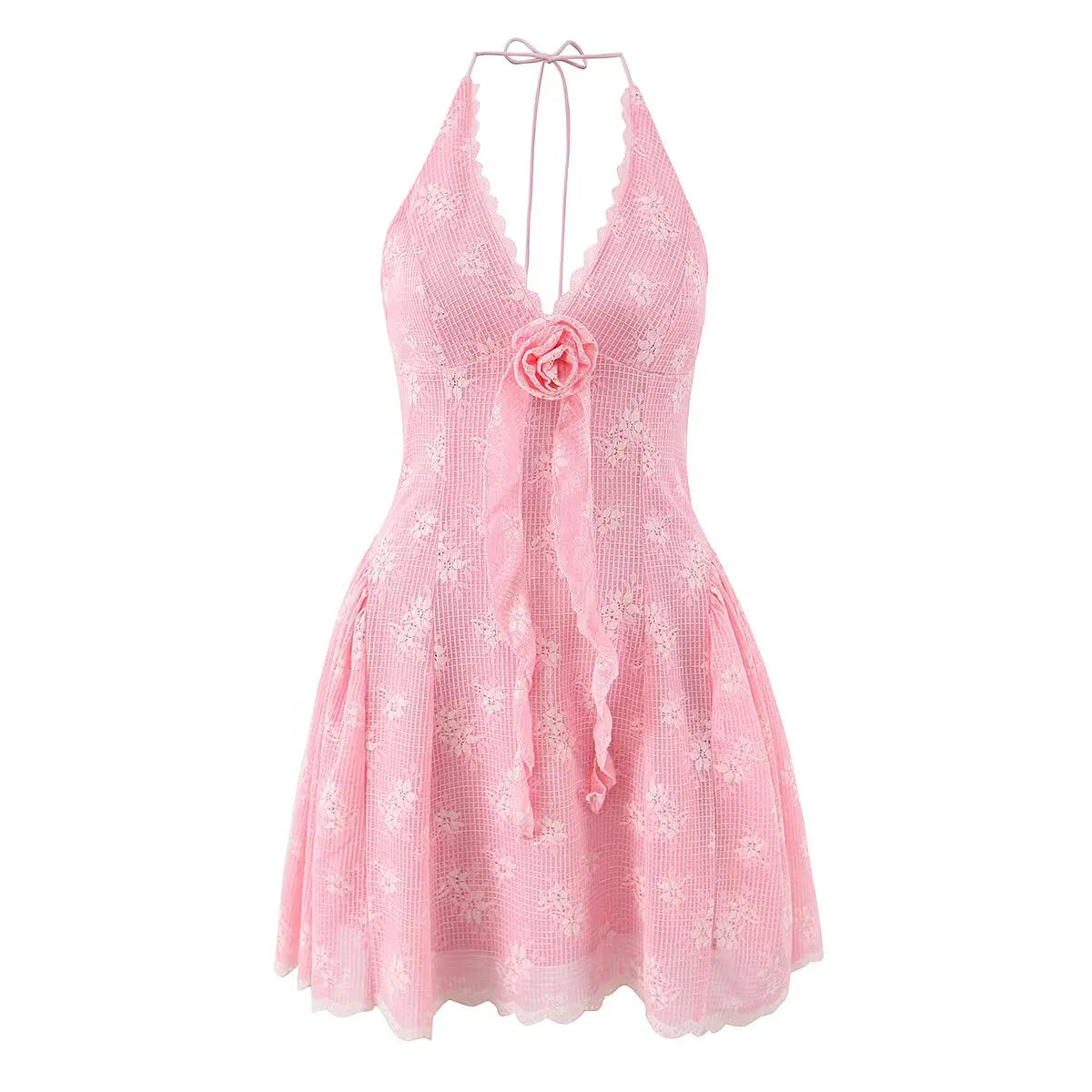 French Sweet Romantic Pink White Lace Embroidery Flower Slim Halter Mini Dresses