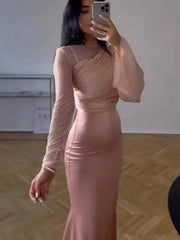 spring and autumn Sexy Bodycon Mesh Pleated Evening Dresses