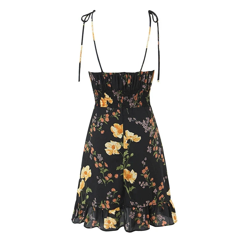 French Style Vacation Summer Dresses Floral Print Short Sling Dresses