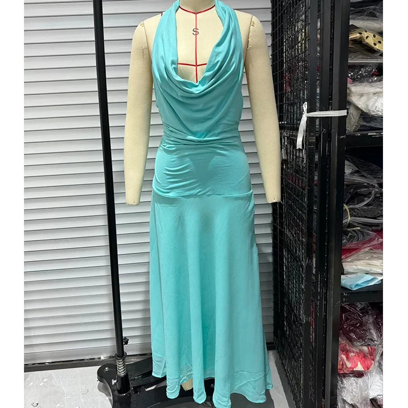 Sexy Backless Draped Halter Maxi Dresses