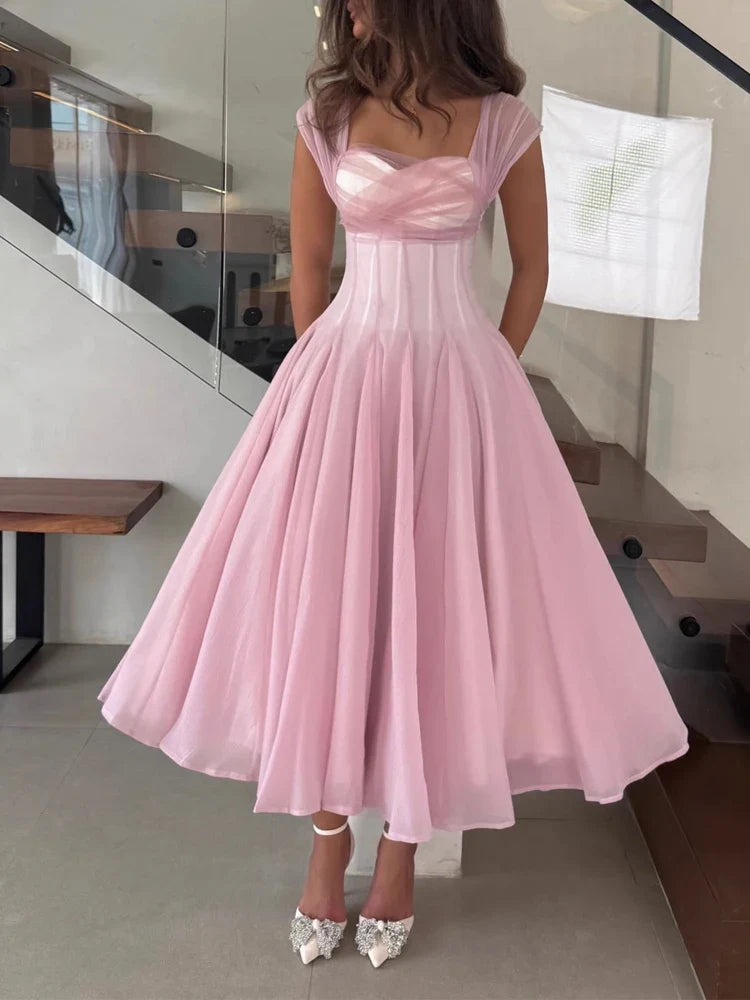 Mesh Hollow Out Pleated Evening Dresses