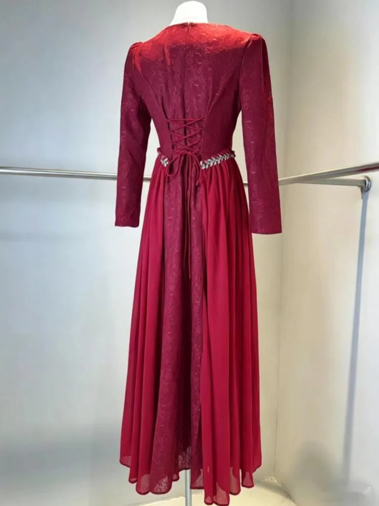 Fashionable V-neck Long Sleeved Patchwork Pleated Dresses