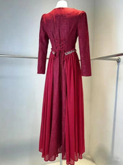 Fashionable V-neck Long Sleeved Patchwork Pleated Dresses