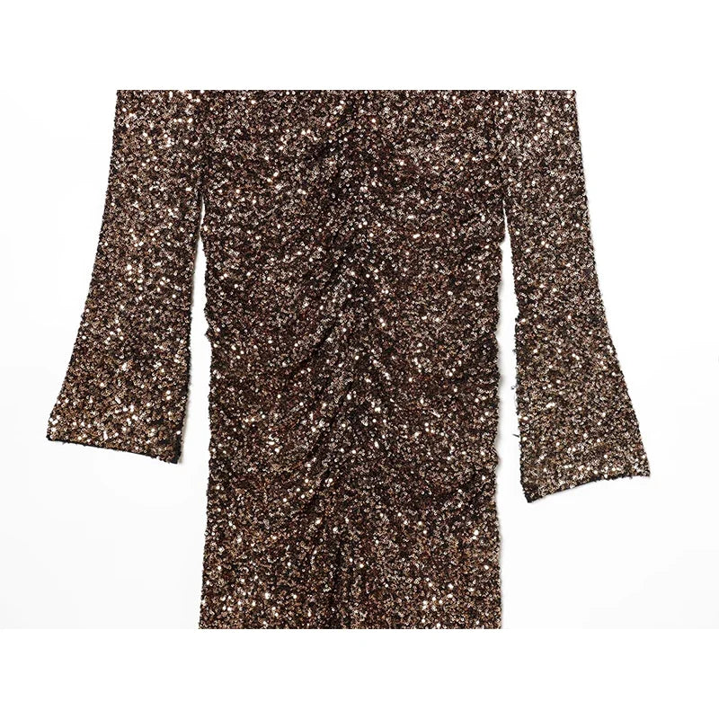 Side Draping V Neck Bodycon Long Sequin Dresses Party Sexy Maxi Vestidos