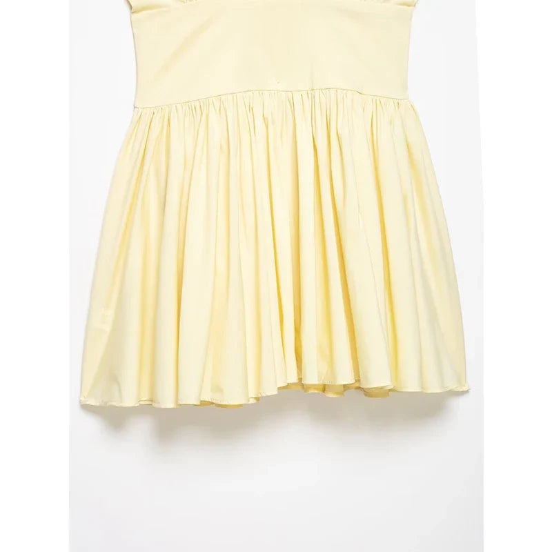 Short Sleeve Deep V Neck Pleated A-line Mini Dresses