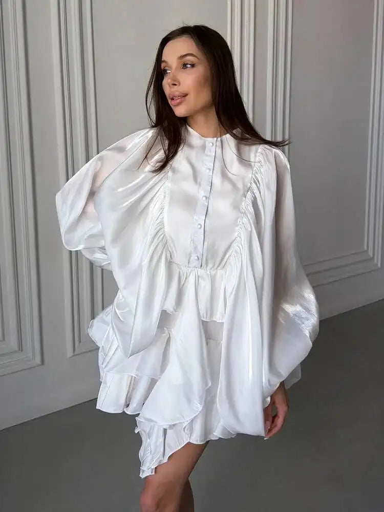 Simple Casual Round Neck Lantern Sleeve Layered Ruffle Edge Dresses