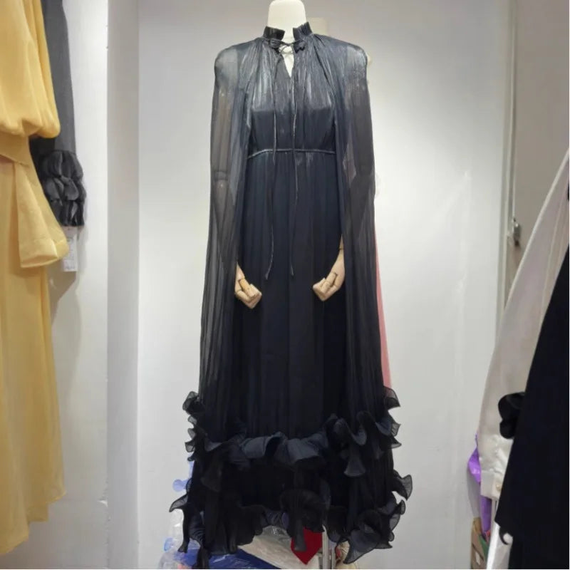 French Style V-neck Fungus Edge Double-layer Hem Long Dresses For Autumn Ladies Party Evening Clothing